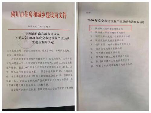 陜煤建設(shè)銅煤公司喜獲“2020年度銅川市建筑業(yè)產(chǎn)值貢獻(xiàn)先進(jìn)企業(yè)”榮譽(yù)