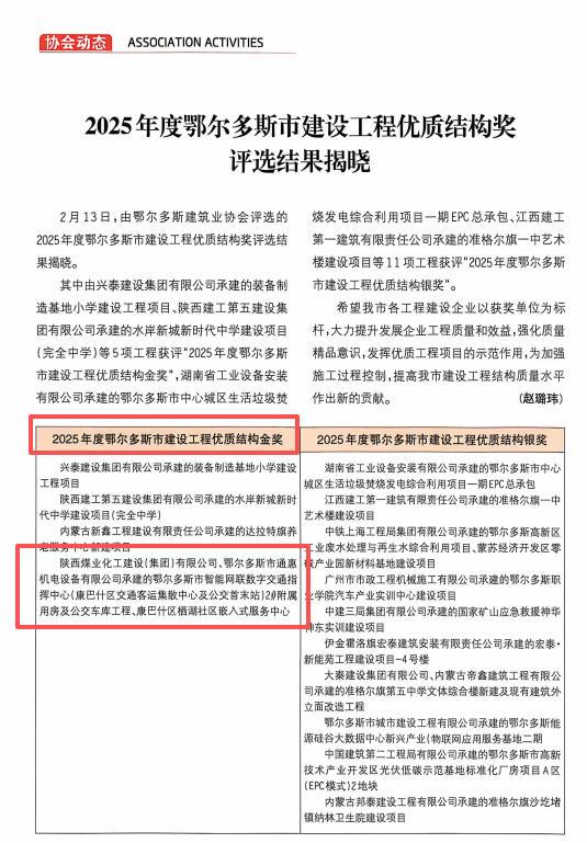 喜報！陜煤建設(shè)內(nèi)蒙古分公司雙項目獲評鄂爾多斯市優(yōu)質(zhì)結(jié)構(gòu)金獎